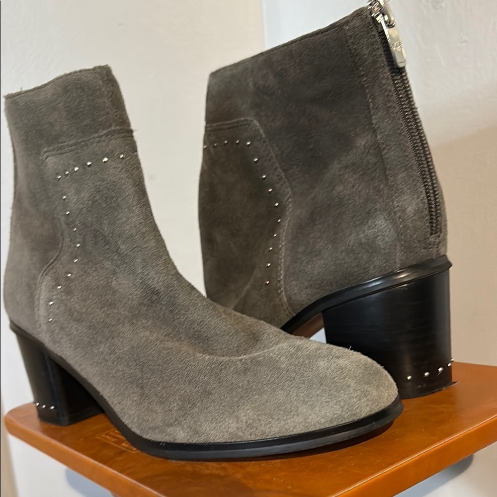 Marc Fisher Gray Suede Heeled Boots with Brogue Detailing